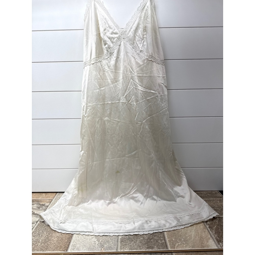Vintage Ivory Satin Lace Trim Full Slip Dress Maxi Nightgown Size 36 USA Made